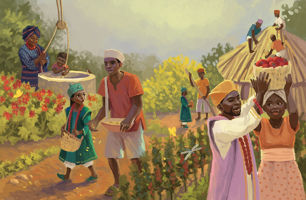 Abioye with her father in a corn field, gathering corn. Spread illustration for "The Little Regent" by Latvian author and illustrator Renate Logina (RenLoArt). Bērnu bilžu grāmatas izklājuma ilustrācija. Meitene ar tēvu lasa kukurūzas vālītes. Digital painting.