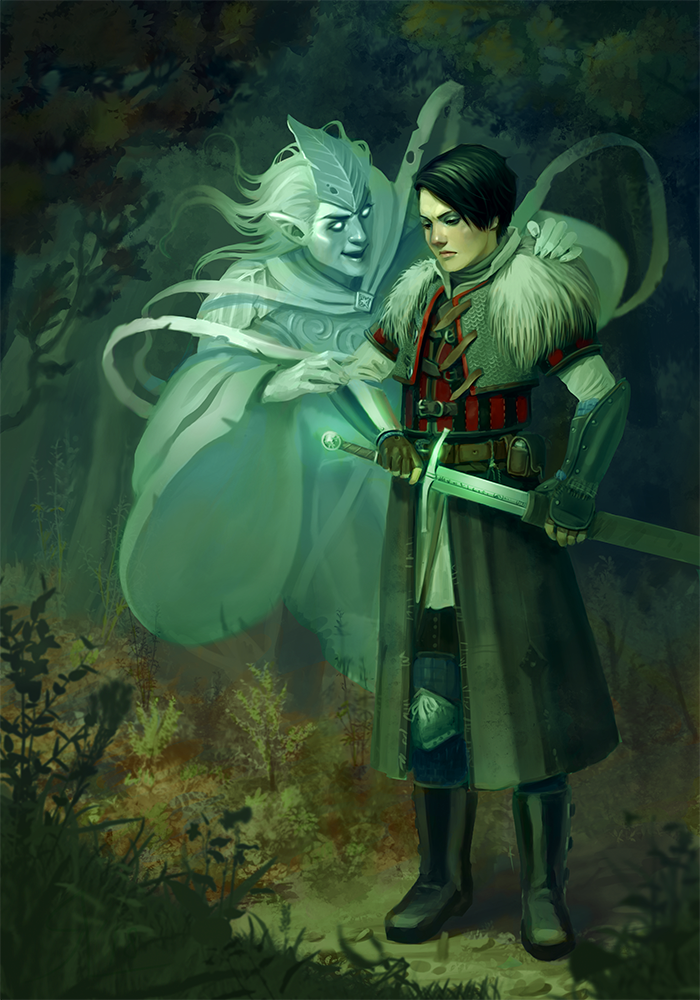 Witcher cosplay LARP die Suche character, drawing a sword from it's hilt. A ghost of an elf lays his hand on the characters sholder. Witcher characters in a wood