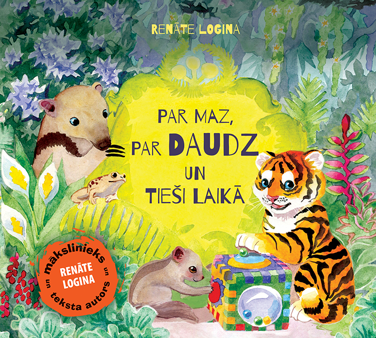 Tiger and his friend playing in forest. Title illustration for "Too little too much and just in time" by Latvian author and illustrator Renate Logina (RenLoArt). Vāka ilustrācija ar tīģerēnu un citiem zvēriem. Watercolors.