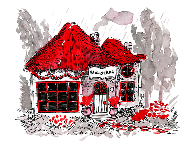 A cute house- local library- with a red roof, windows and flowers blooming around in a rainy day. Spot illustration of children's picture book "Dullā Diena Dundurzālē" by Latvian author and illustrator Renate Logina (RenLoArt). Black and red ink drawing and ink wash.