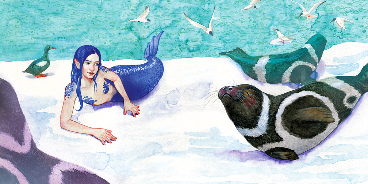 Mermaid resting on ice with seals. Sea and birds in the background. Spread illustration for "Deep Depth" by Latvian author and illustrator Renate Logina (RenLoArt). Grāmatu ilustrācija ar nāriņu. Mixed media.