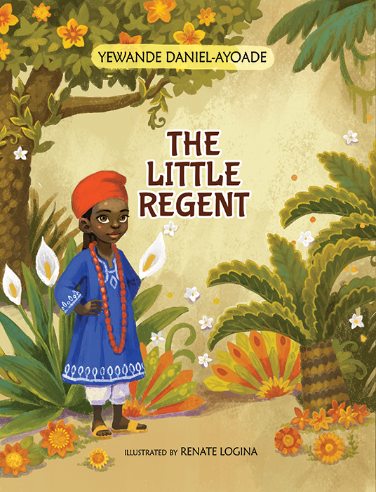 Abioye stands confidently amongst lush greens. Cover illustration and design for "The Little Regent" by Latvian author and illustrator Renate Logina (RenLoArt). Bērnu bilžu grāmatas vāka ilustrācija un dizains. Digital painting.