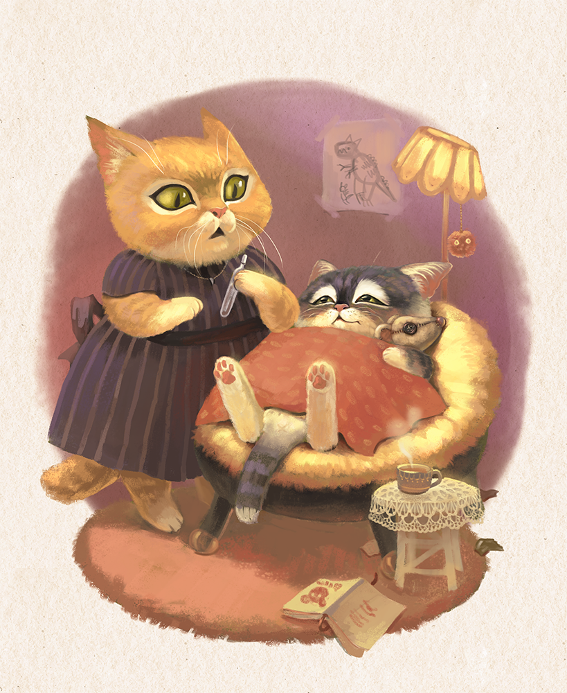 An illustration of two cats. A mother cat is looking at a thermometer. The kitten is sleeping in a bed with a toy mouse. Next to the bed is a cup of a hot tea and a book.