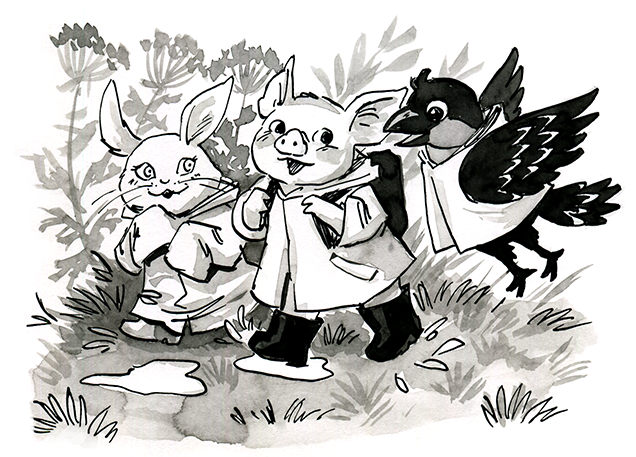 Three friends in raincoats- a rabbit, pigglet and a small crow on their way on a forest path, conversing cheerfully. Spot illustration of children's picture book "Dullā Diena Dundurzālē" by Latvian author and illustrator Renate Logina (RenLoArt). Black ink drawing and ink wash.