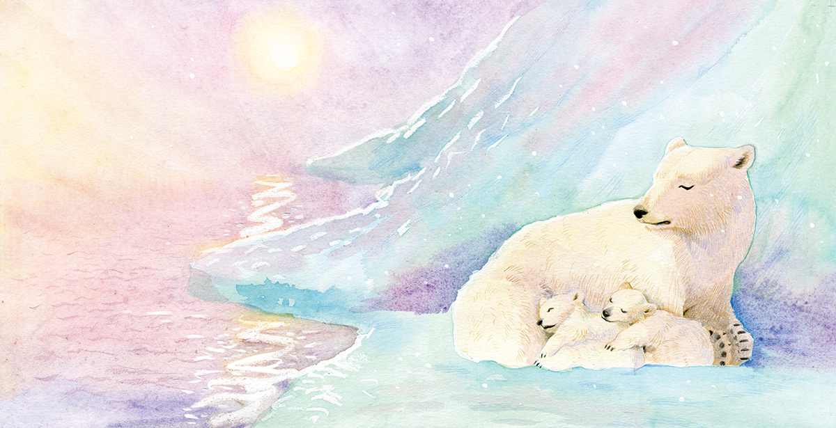 Polar bear mother with her two cubs resting on ice. Spread illustration for "Deep Depth" by Latvian author and illustrator Renate Logina (RenLoArt). Grāmatu ilustrācija ar baltajiem lāčiem. Mixed media.