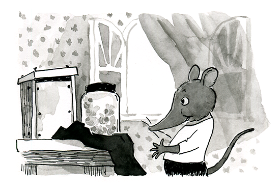 A shrew in his bedroom admiring a jar full of buzzing bees. Handmade hive sits on the table. Spot illustration of children's picture book "Dullā Diena Dundurzālē" by Latvian author and illustrator Renate Logina (RenLoArt). Black ink drawing and ink wash.