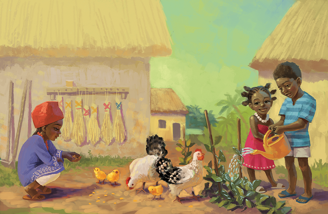 Abioye feeding the chickens. Two children watering plants. Spread illustration for "The Little Regent" by Latvian author and illustrator Renate Logina (RenLoArt). Bērnu bilžu grāmatas izklājuma ilustrācija. Meitene baro cāļus. Digital painting.