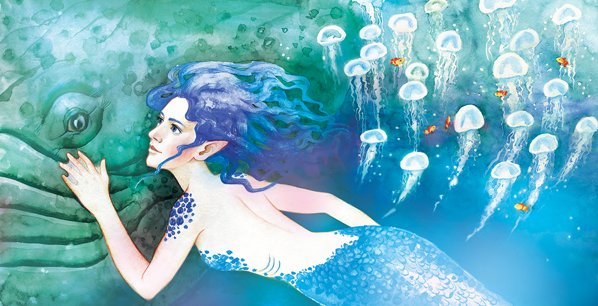 Mermaid with blue hair gently touching a whale under water. Jellyfish pod swimming next to them. Spread illustration for "Deep Depth" by Latvian author and illustrator Renate Logina (RenLoArt). Mixed media. Ilustrācija ar nāriņu