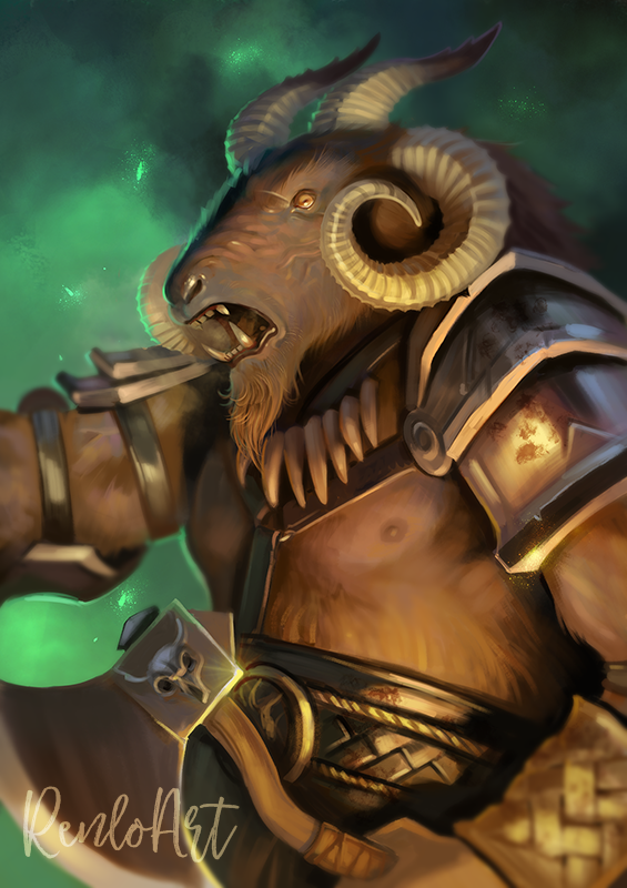 Fantastical creature illustration, commission. A goat-man warrior, holding an axe, barbarian armor, warrior portrait