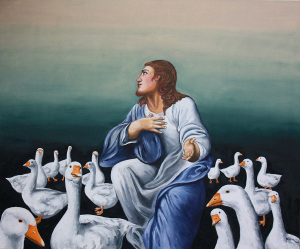 Die Gänsepredigt, 2018, Öl auf Leinwand, 100x120cm
