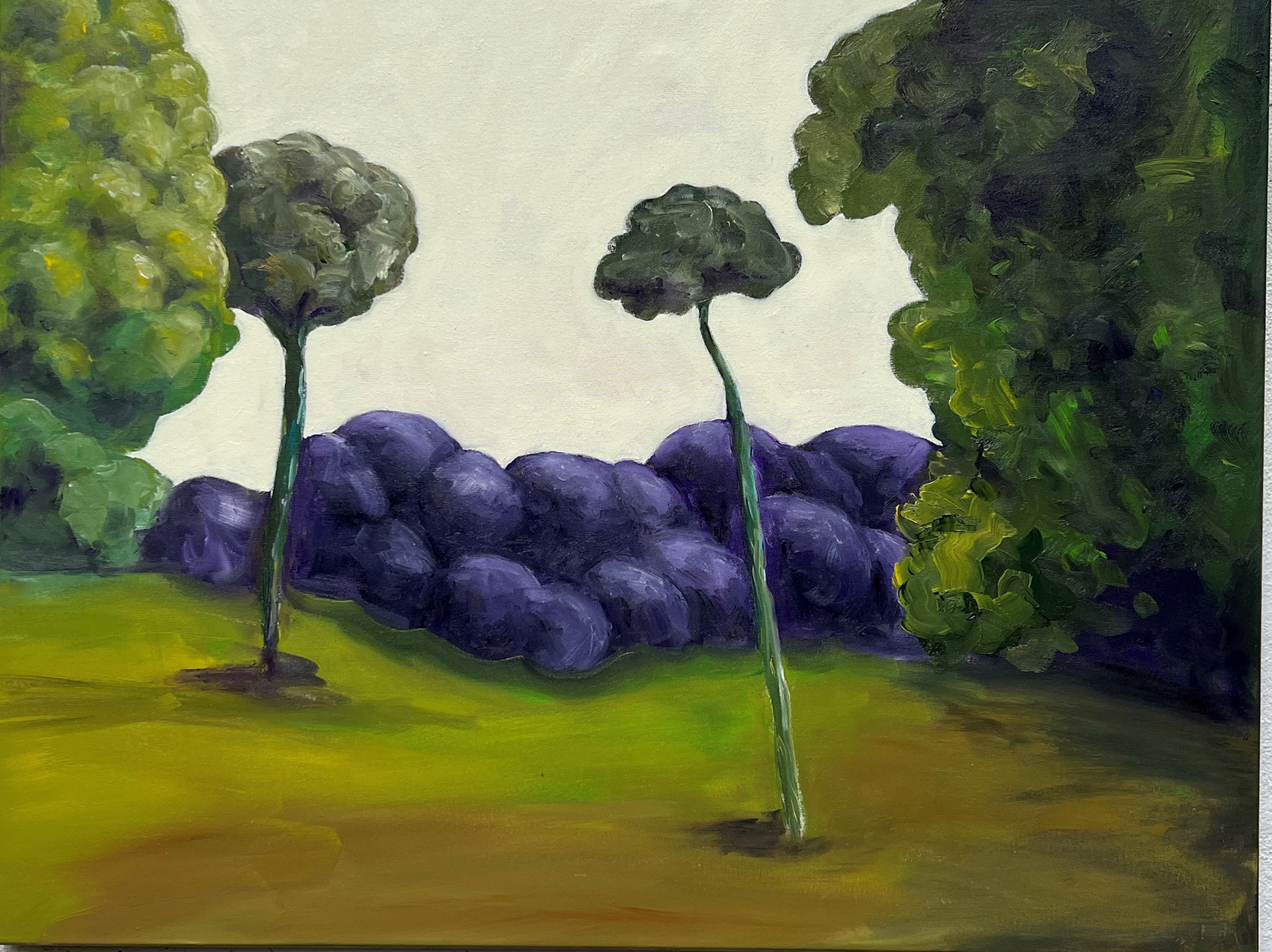 Landschaft mit lila Gebüsch, 2023, Öl auf Leinwand, 70x90cm
