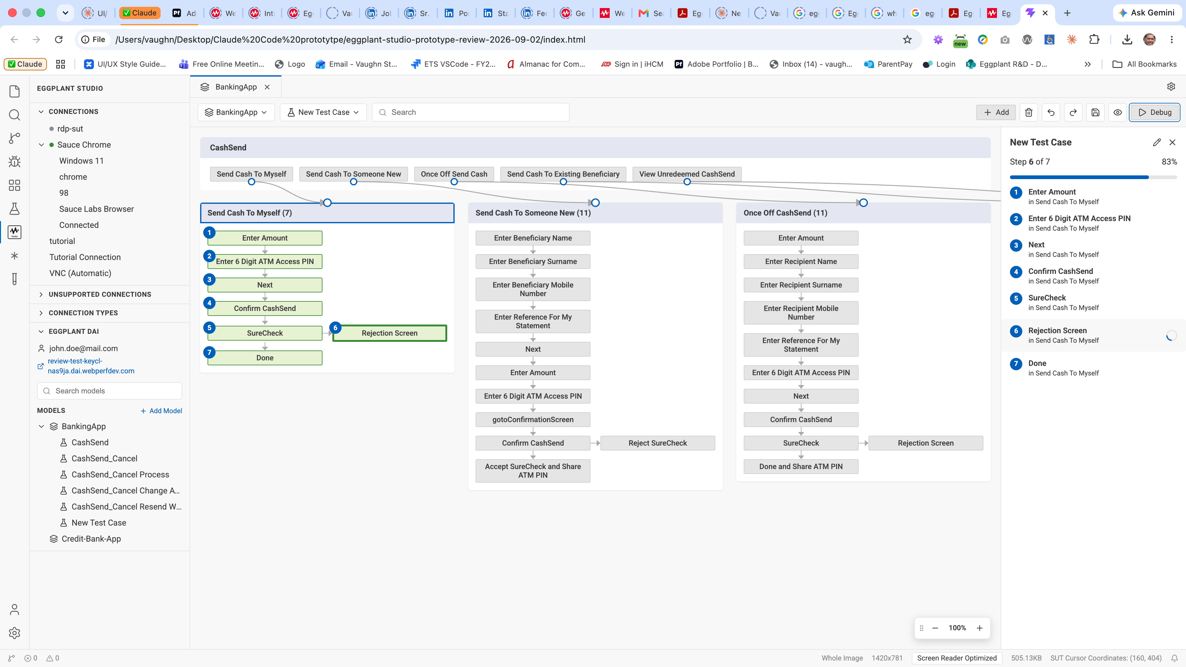 Prototype of Eggplant Studio's model editor while a test case is being created. In the BankingApp CashSend model, the Send Cash To Myself flow is highlighted step by step, and a New Test Case panel on the right shows progress at step 6 of 7 (83%) and lists each step in order