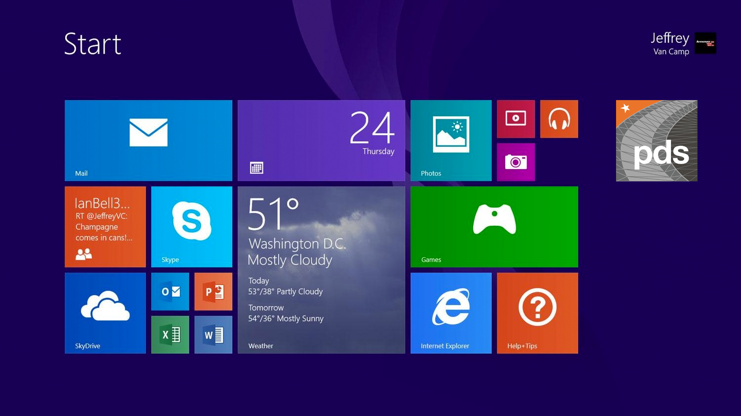 The final PDS app icon shown in context on a Windows Start screen, positioned beside colourful tiles for Mail, Skype, Weather, Games, SkyDrive, Office apps, Internet Explorer and Help+Tips