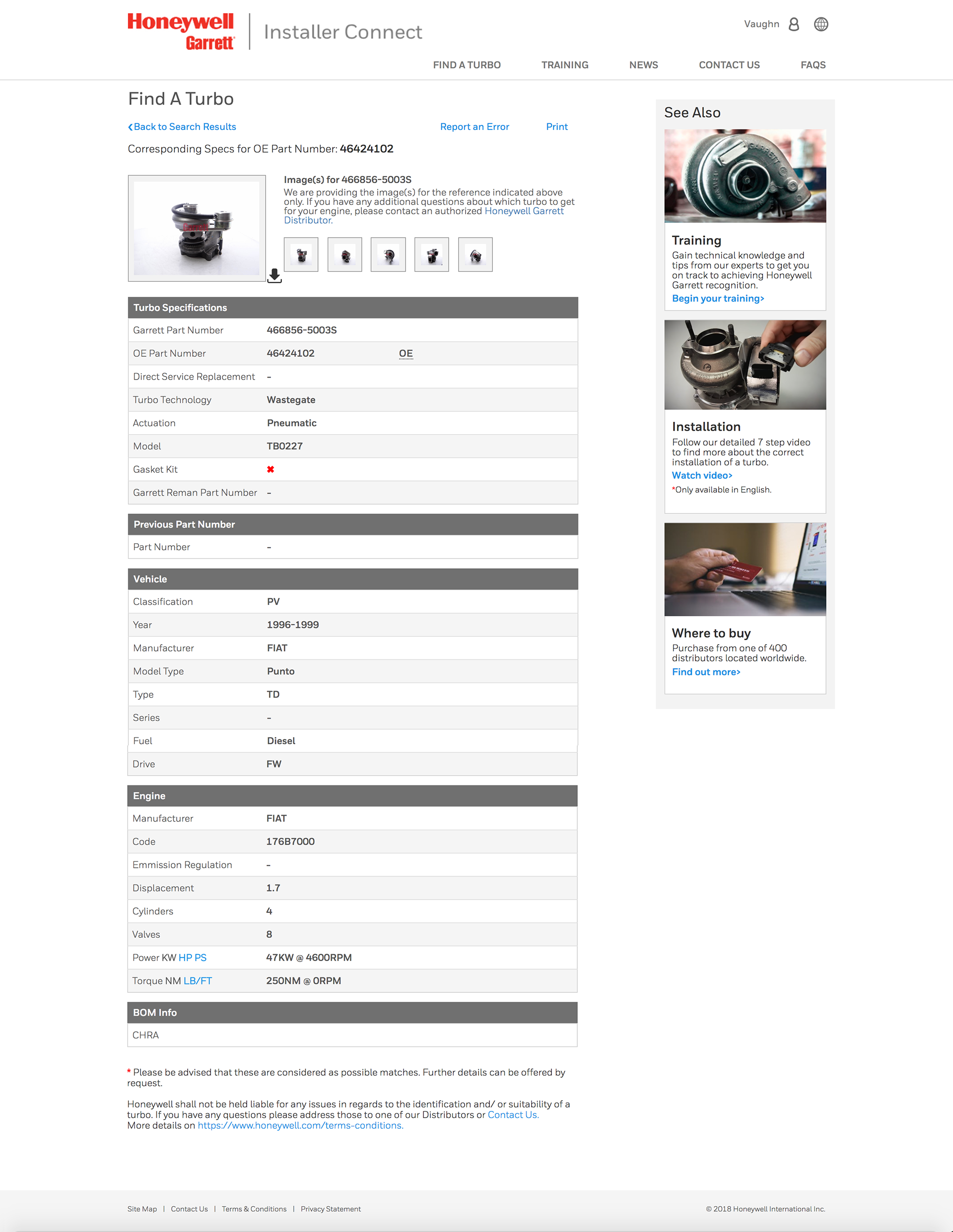 Screenshot of the Honeywell Garrett Installer Connect Find a Turbo search results page for OE part number 46424102, showing the corresponding turbo image, a Turbo Specifications table with Garrett part number 466856-5003S, and vehicle fitment details