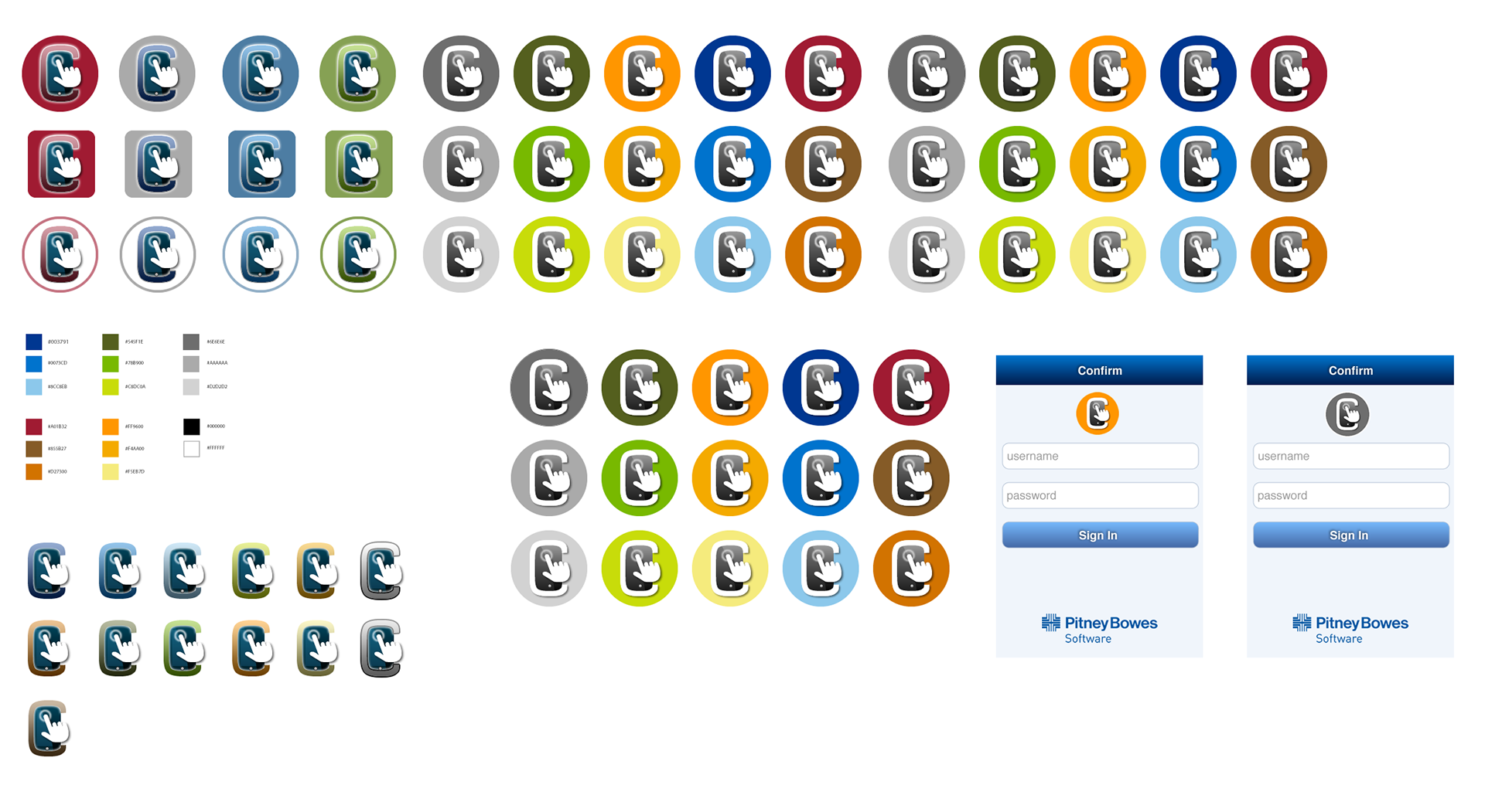 A grid of over 40 early logo concepts for the ConfirmConnect mobile app, each showing a stylised letter "C" combined with a pointing hand icon, in varying shapes (circle, rounded square) and colour combinations across blue, green, orange, red, brown and grey. Below the grid are colour swatches with hex values, a row of flattened icon variations, and two Sign In screen mockups comparing the icon at different sizes and colour treatments against the Pitney Bowes Software login form
