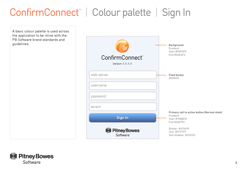 A style guide page titled "ConfirmConnect | Colour palette | Sign In," annotating the Sign In screen with exact colour values: a background gradient from #F0F5FB to #DAE6F6, a #999999 field border, and the primary Sign In button's normal state specified as a gradient from #75B8FB to #3A5793 with a #4F6690 border, white text, and a #333333 text shadow