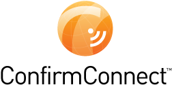 The final ConfirmConnect logo: an orange gradient sphere containing a stylised "C" and a signal/connectivity icon, paired with the "ConfirmConnect" wordmark in black with a trademark symbol