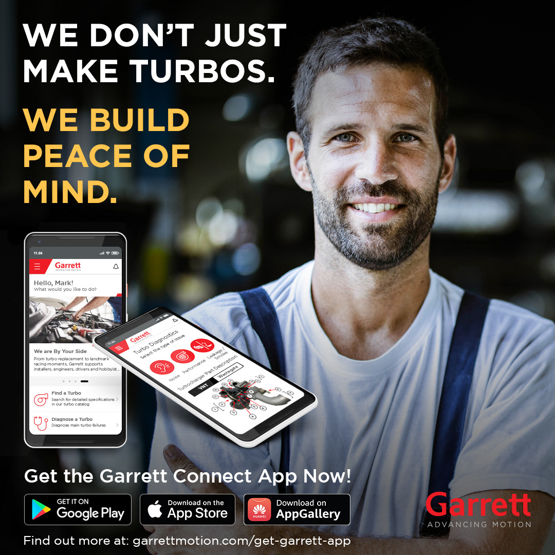 Garrett Connect Instagram advertisement graphic featuring a smiling male mechanic holding two mobile devices. Headline text reads 'We don't just make turbos. We build peace of mind.