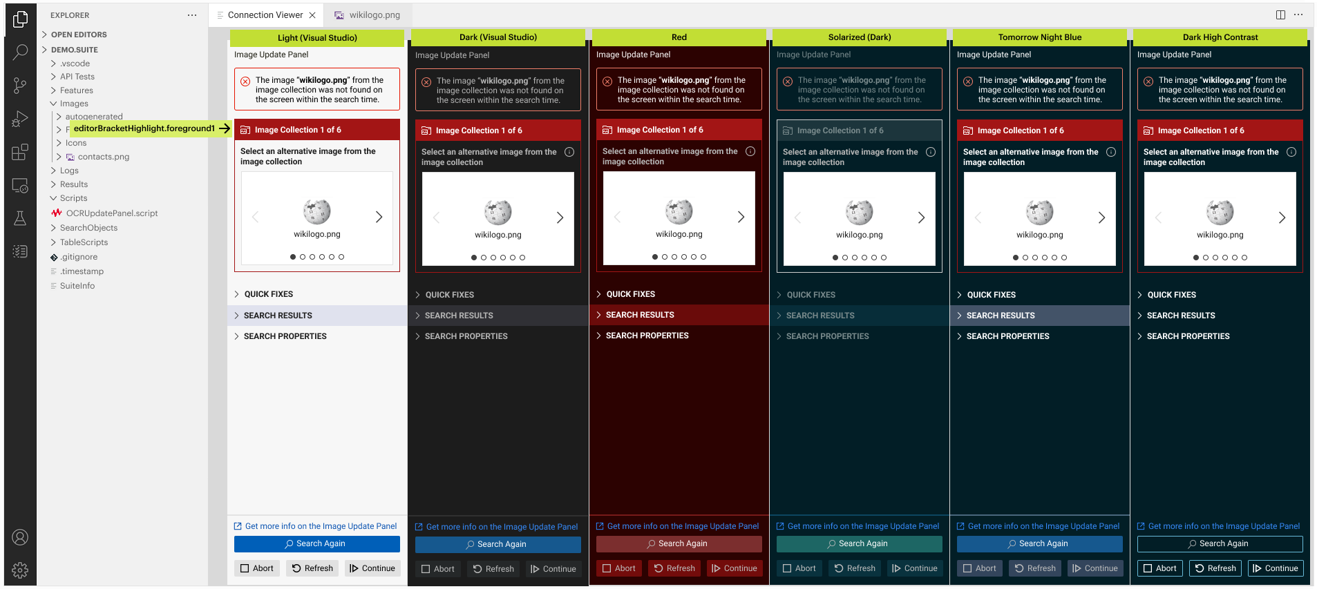Six side-by-side versions of the Image Update Panel in Eggplant Studio, each shown in a different VS Code color theme: Light, Dark, Red, Solarized Dark, Tomorrow Night Blue, and Dark High Contrast. Each shows the "wikilogo.png not found" message and an image collection carousel for choosing an alternative image