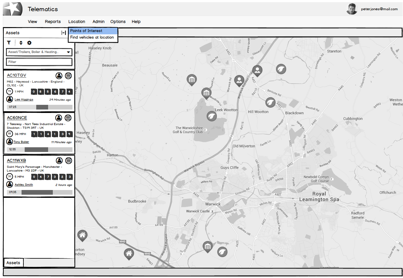 Low-fidelity wireframe of the Telematics app with the Location menu open, showing 'Points of Interest' highlighted above 'Find vehicles at location.