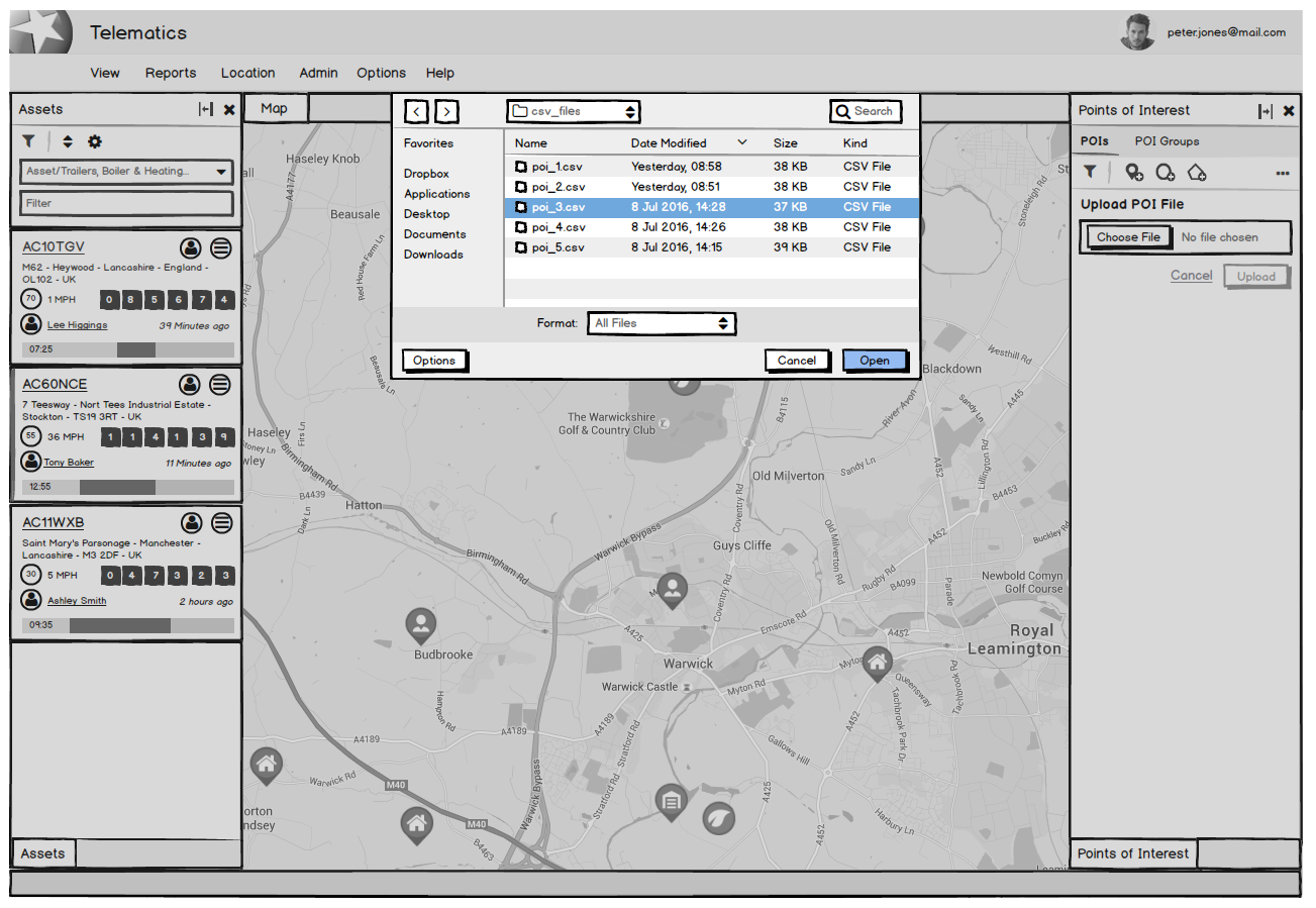 Low-fidelity wireframe of the Telematics app with a file browser open over the map, showing a list of CSV files and 'poi_3.csv' selected. The Points of Interest panel is visible on the right with an Upload POI File field