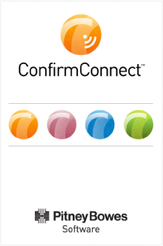 The ConfirmConnect mobile app splash screen, showing the orange logo and "ConfirmConnect" wordmark at the top, a row of four colour spheres in orange, pink, blue and green representing the wider Confirm product family, and the Pitney Bowes Software logo at the bottom