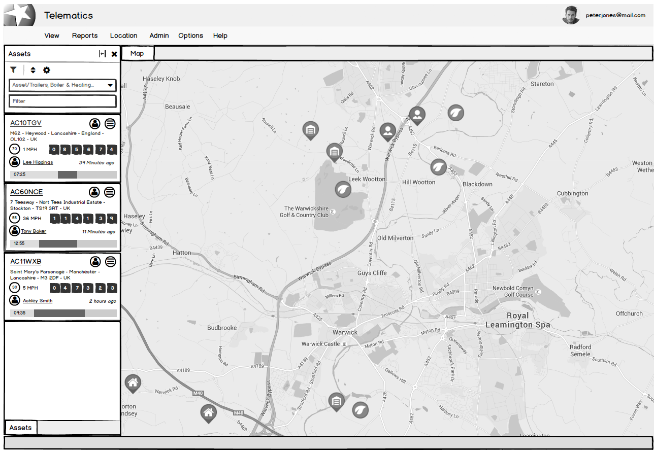 Low-fidelity wireframe of the Telematics desktop app showing an asset list sidebar and a map view with multiple vehicle and location markers around Warwick and Leamington Spa