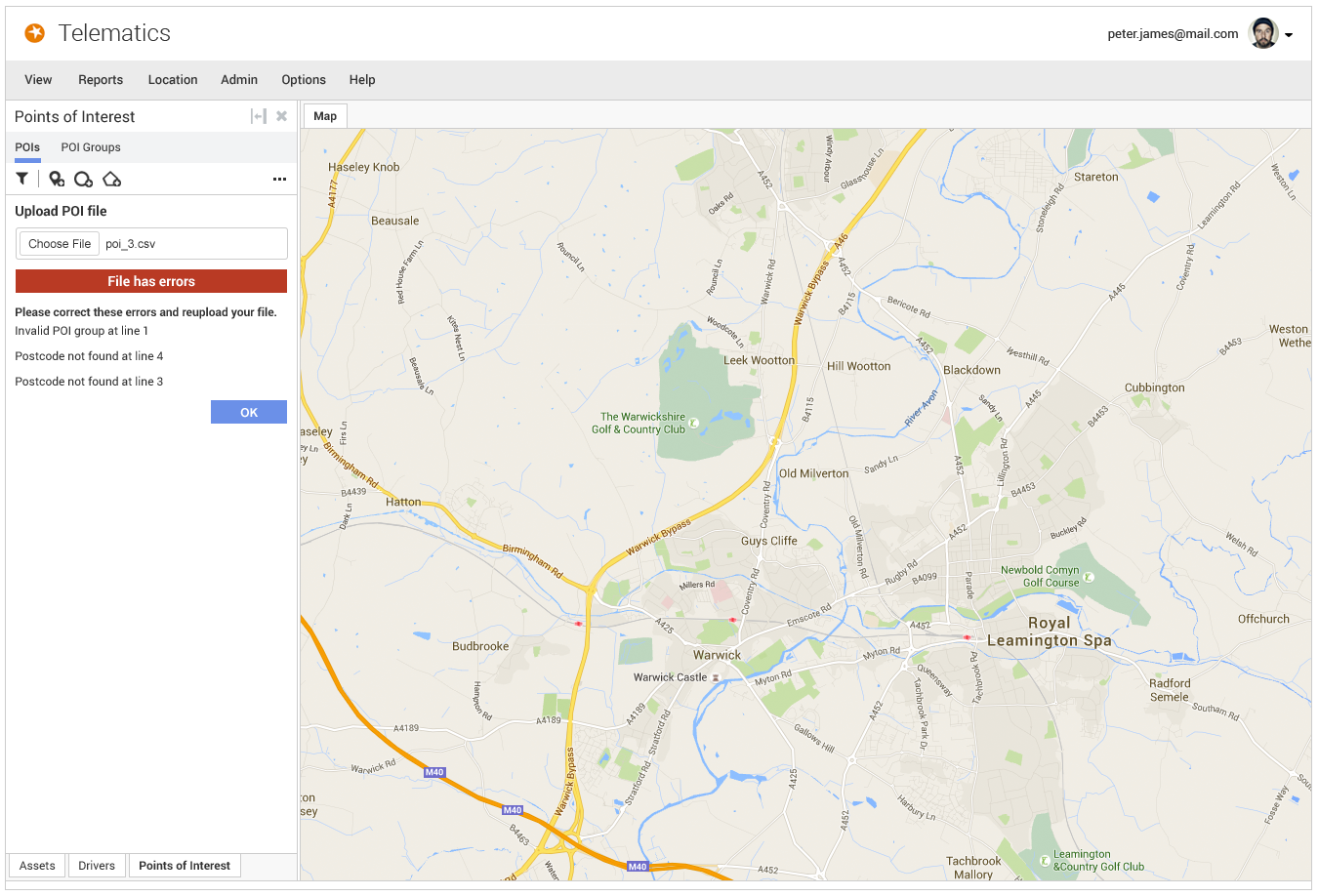 Hi-fidelity mockup of the Telematics web app showing a red 'File has errors' banner after uploading poi_3.csv, listing an invalid POI group and two postcodes not found, with an OK button to dismiss
