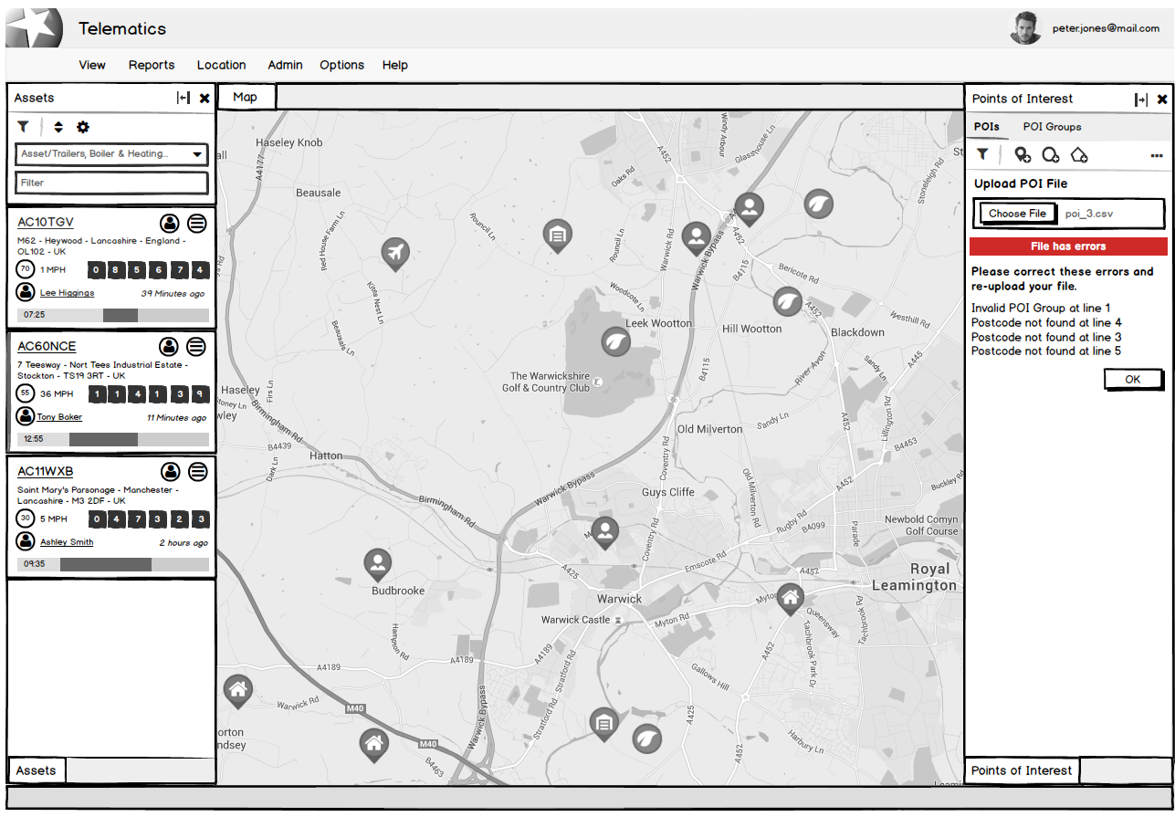Designing for failure: if a file has bad data, the panel flags exactly which rows are wrong — an invalid POI group and unrecognized postcodes — so the user knows precisely what to fix before re-uploading, rather than getting a generic error