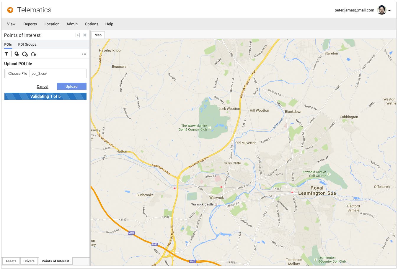 Hi-fidelity mockup of the Telematics web app showing 'poi_3.csv' selected in the Upload POI file field, with a progress bar reading 'Validating 1 of 5