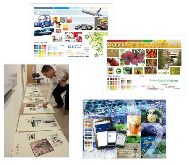 Three moodboards labelled Modern, Organic and Oxygen, each combining reference photography, colour swatches and typeface samples, alongside a photo of the printed boards laid out on the floor for comparison, with one board labelled "Flexible