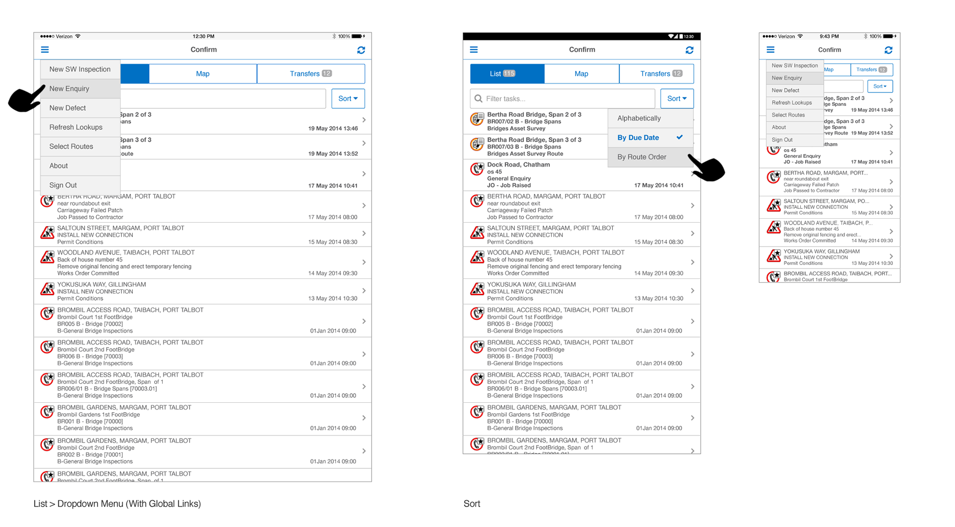 Three device sizes showing the ConfirmConnect menu overlays: a dropdown menu with options including New SW Inspection, New Enquiry, New Defect, Refresh Lookups, Select Routes, About and Sign Out, and a separate sort menu offering Alphabetically, By Due Date and By Route Order, each with a hand-pointer graphic indicating the open control