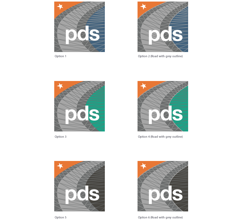 Six PDS app icon concepts arranged in three colour pairs, blue (Options 1 and 2), teal (Options 3 and 4) and grey (Options 5 and 6), each icon featuring a white "pds" wordmark over a faceted road-motif graphic with an orange star in the top corner. Options 2, 4 and 6 are labelled "Road with grey outline," a variant with a grey-bordered road shape