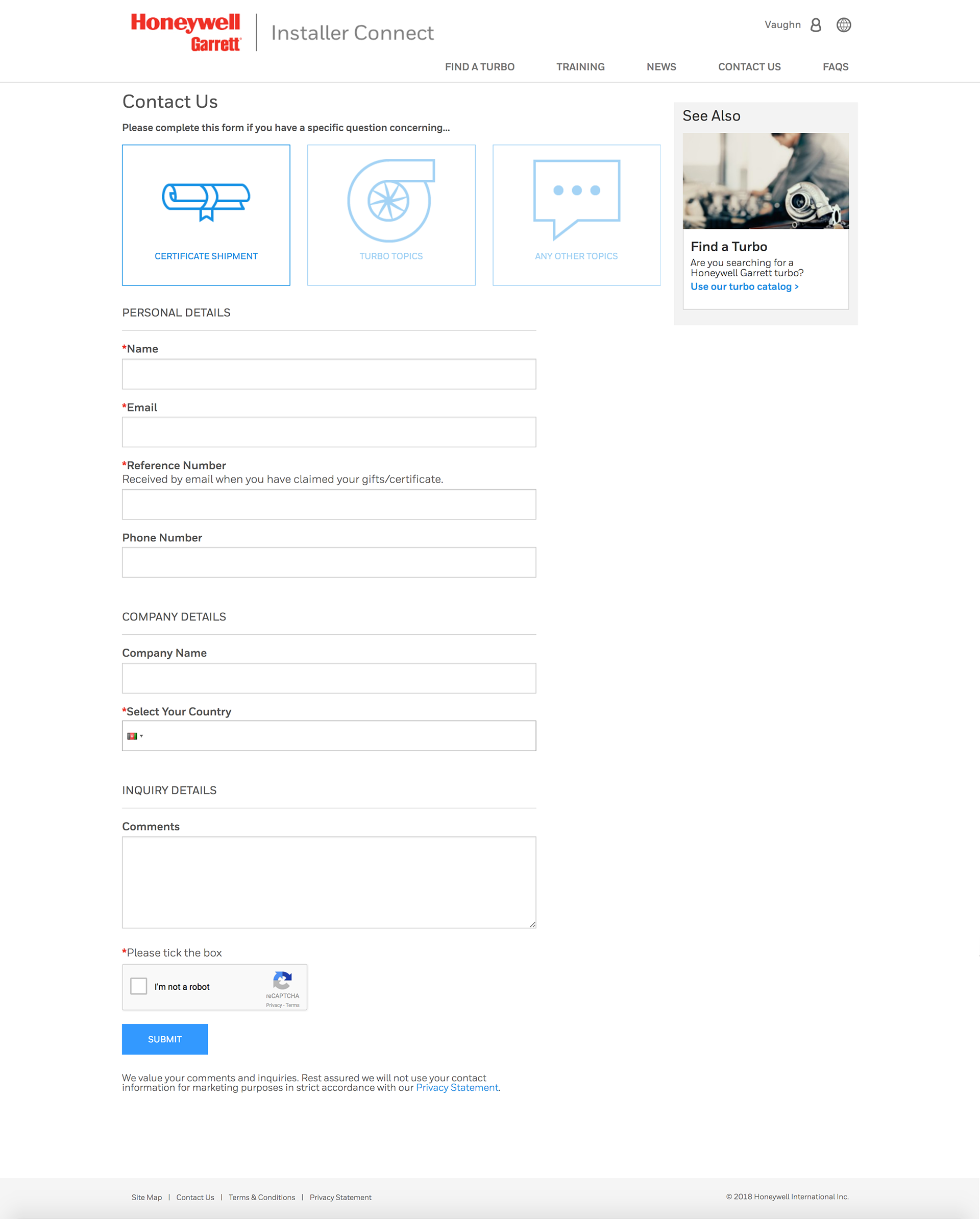 Screenshot of the Honeywell Garrett Installer Connect Contact Us page, with Certificate Shipment selected as the inquiry topic and a form for personal details, company details, and comments below