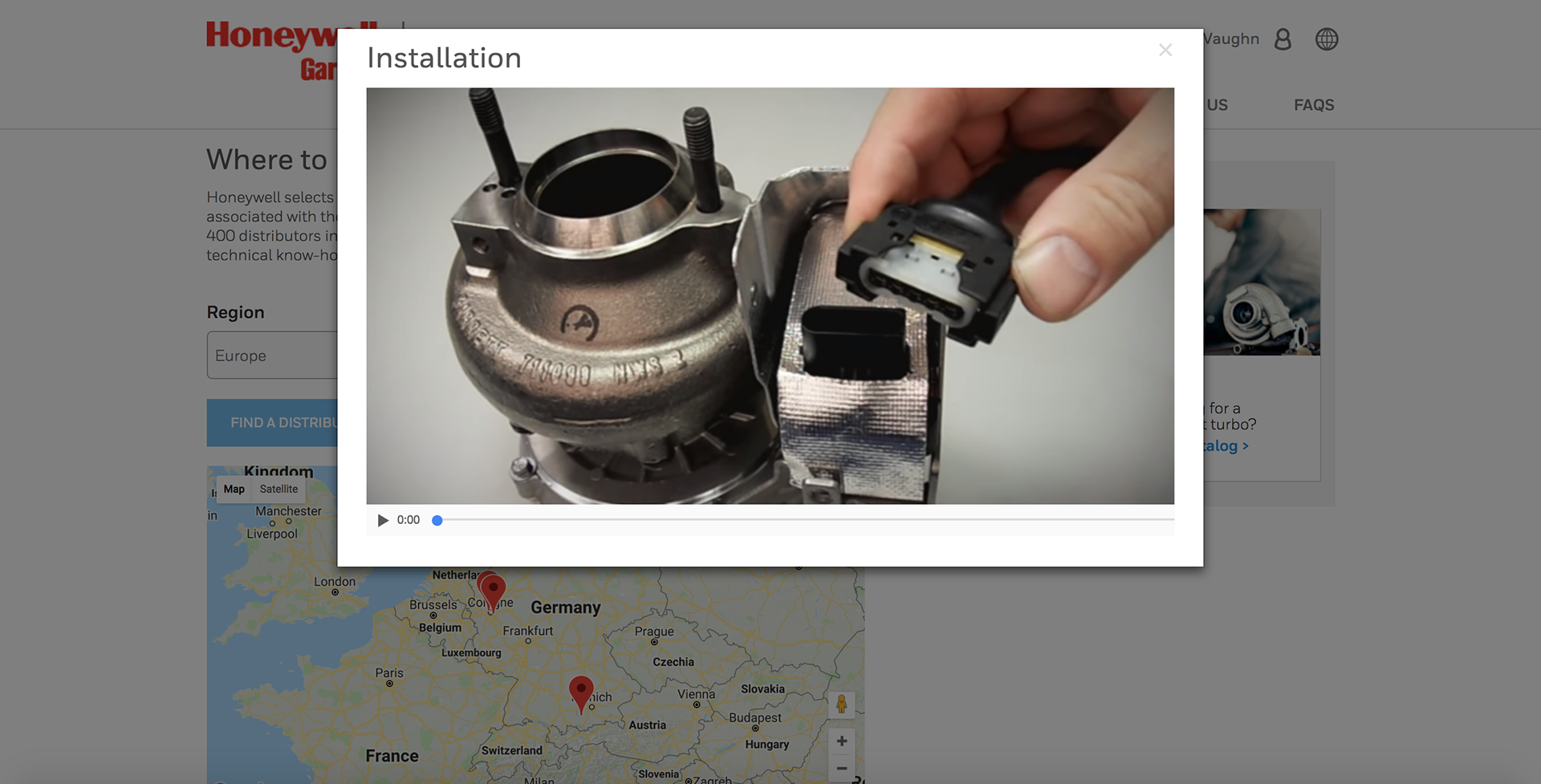 Video preview titled Installation, showing a hand connecting an actuator sensor to a turbocharger as part of Honeywell Garrett's step-by-step turbo installation walkthrough