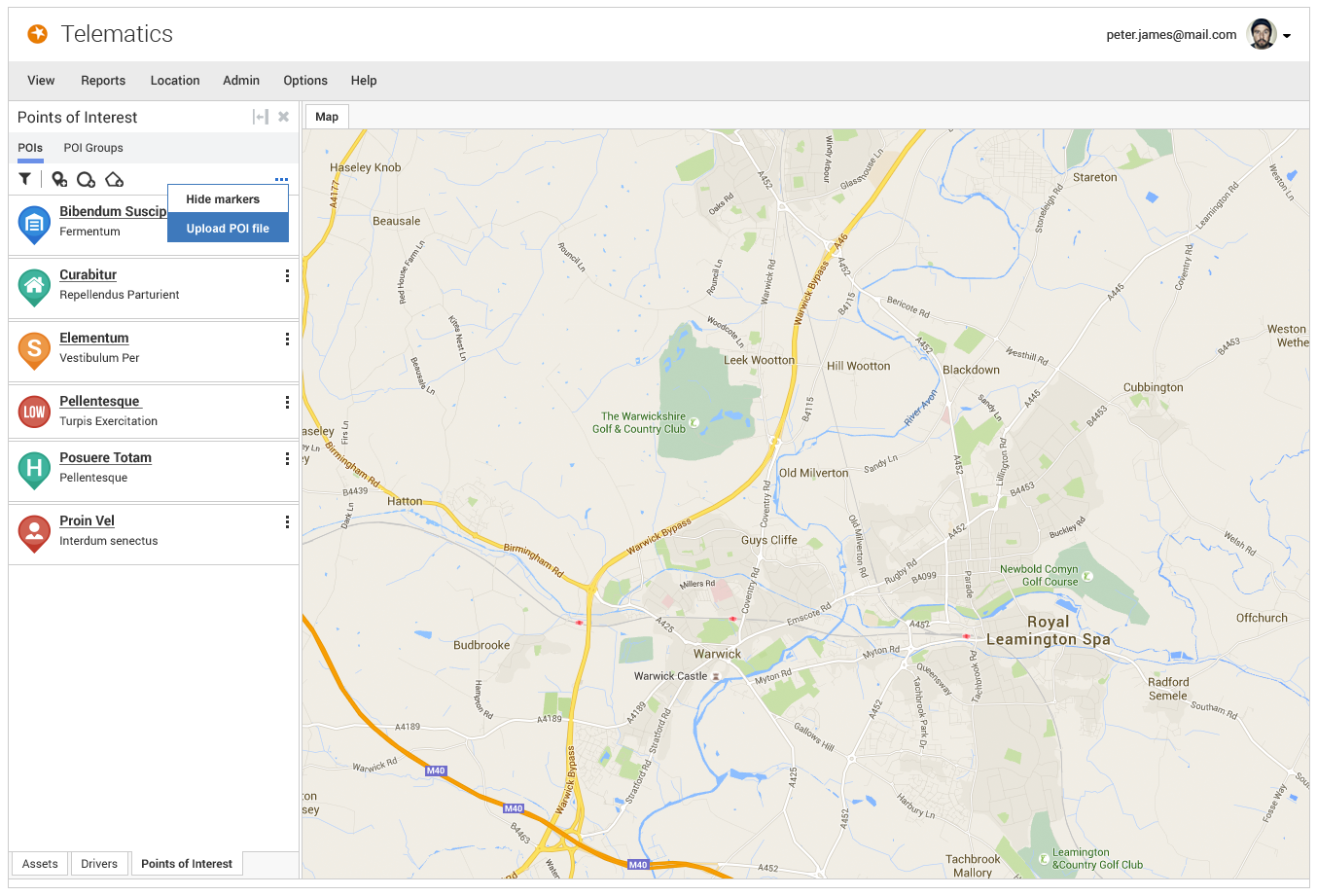 Hi-fidelity mockup of the Telematics web app showing the Points of Interest panel with six existing entries, a dropdown menu open with 'Hide markers' and 'Upload POI file' options, and a map of the Warwick and Leamington Spa area.