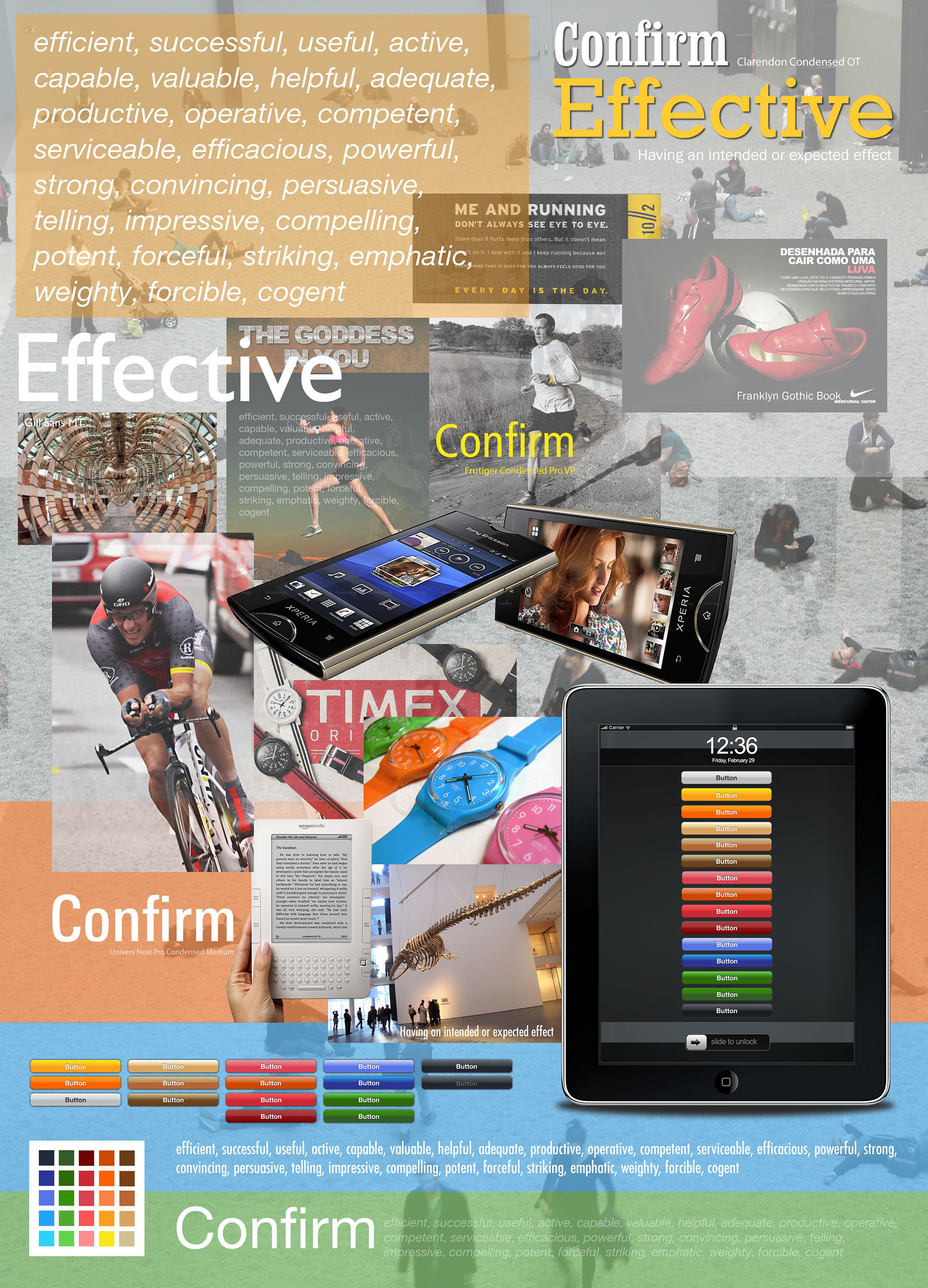 A moodboard exploring the "Effective" brand attribute for Confirm, combining a word list of synonyms (efficient, powerful, compelling, forceful), typeface samples including Clarendon Condensed, Frutiger Condensed and Univers Next Condensed, photography of athletes and technology products, and a colour palette with button-style UI swatches in orange, red, blue and green