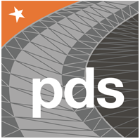 The final PDS app icon: a white "pds" wordmark over a faceted grey road-motif graphic, with an orange triangular corner featuring a white star