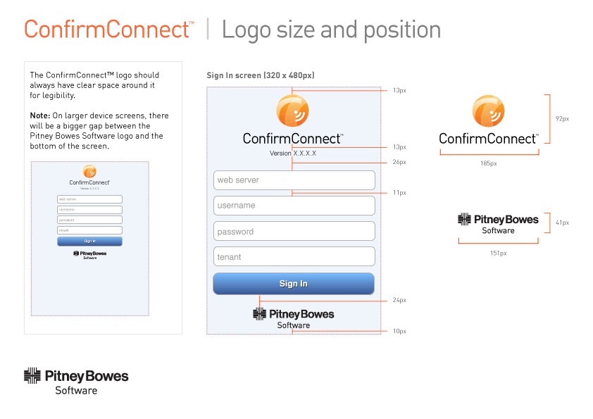 A style guide page titled "ConfirmConnect | Logo size and position," showing the Sign In screen at 320 by 480 pixels with exact pixel measurements marked for the logo's clear space, spacing above and below the form fields, and the position of the Pitney Bowes Software logo, alongside isolated close-ups of the ConfirmConnect logo (185px wide) and the Pitney Bowes Software logo (151px wide) with their own dimensions labelled