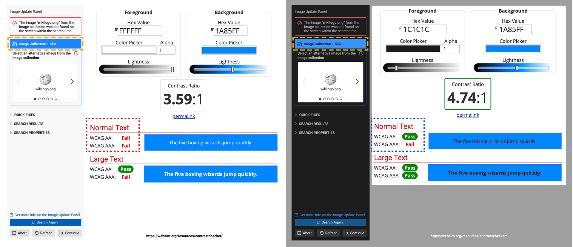 Checking the Image Update Panel's blue header against WCAG contrast requirements with WebAIM's Contrast Checker. White text on the blue scores 3.59:1 and fails AA for normal text, while dark text scores 4.74:1 and passes.