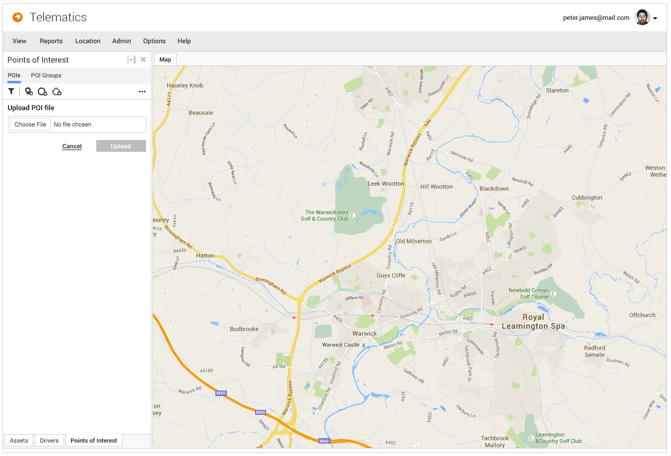 "Hi-fidelity mockup of the Telematics web app showing the Points of Interest panel with an empty Upload POI file field, a Choose File button, and disabled Upload button, alongside a map of the Warwick and Leamington Spa area.