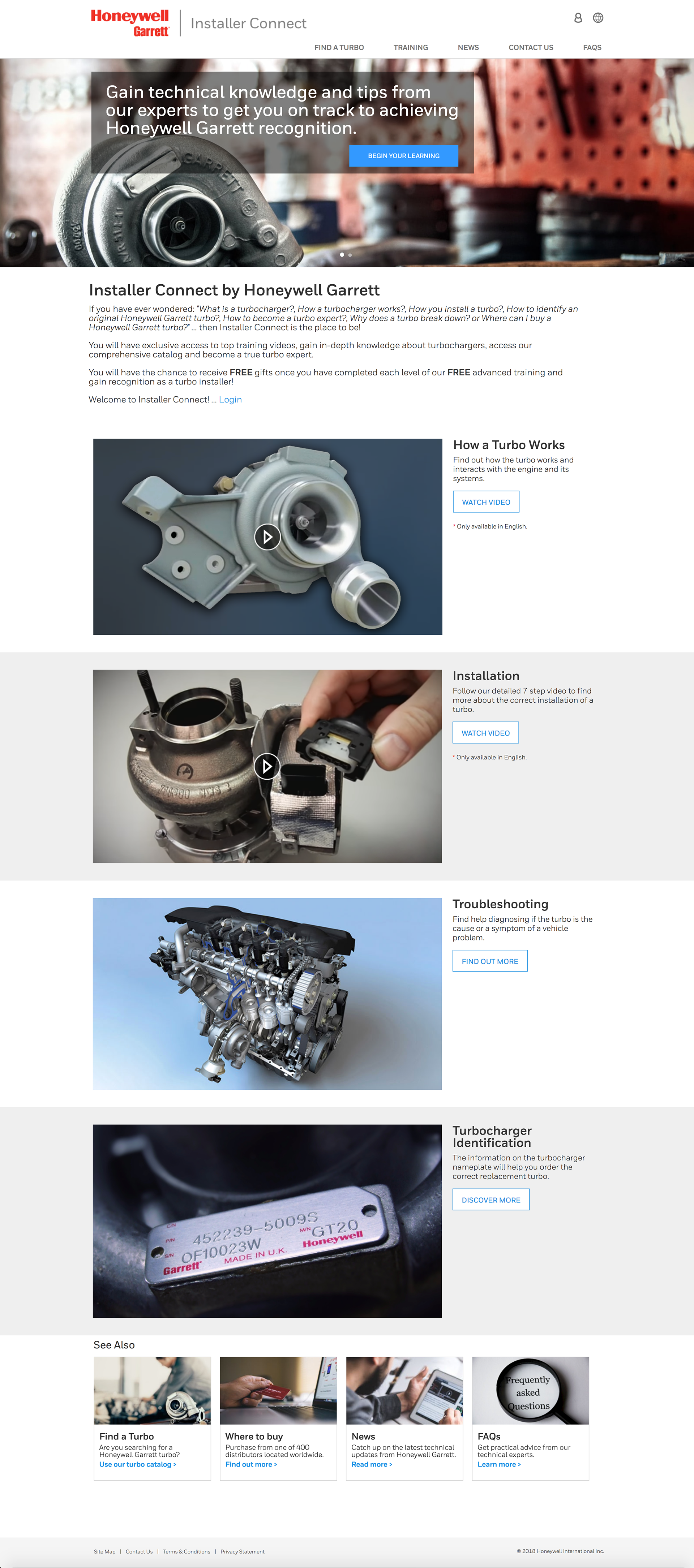 Screenshot of the Honeywell Garrett Installer Connect homepage, showing a hero banner with a turbocharger photo and a 'Begin Your Learning' call-to-action button, followed by training video tiles for How a Turbo Works, Installation, and Troubleshooting