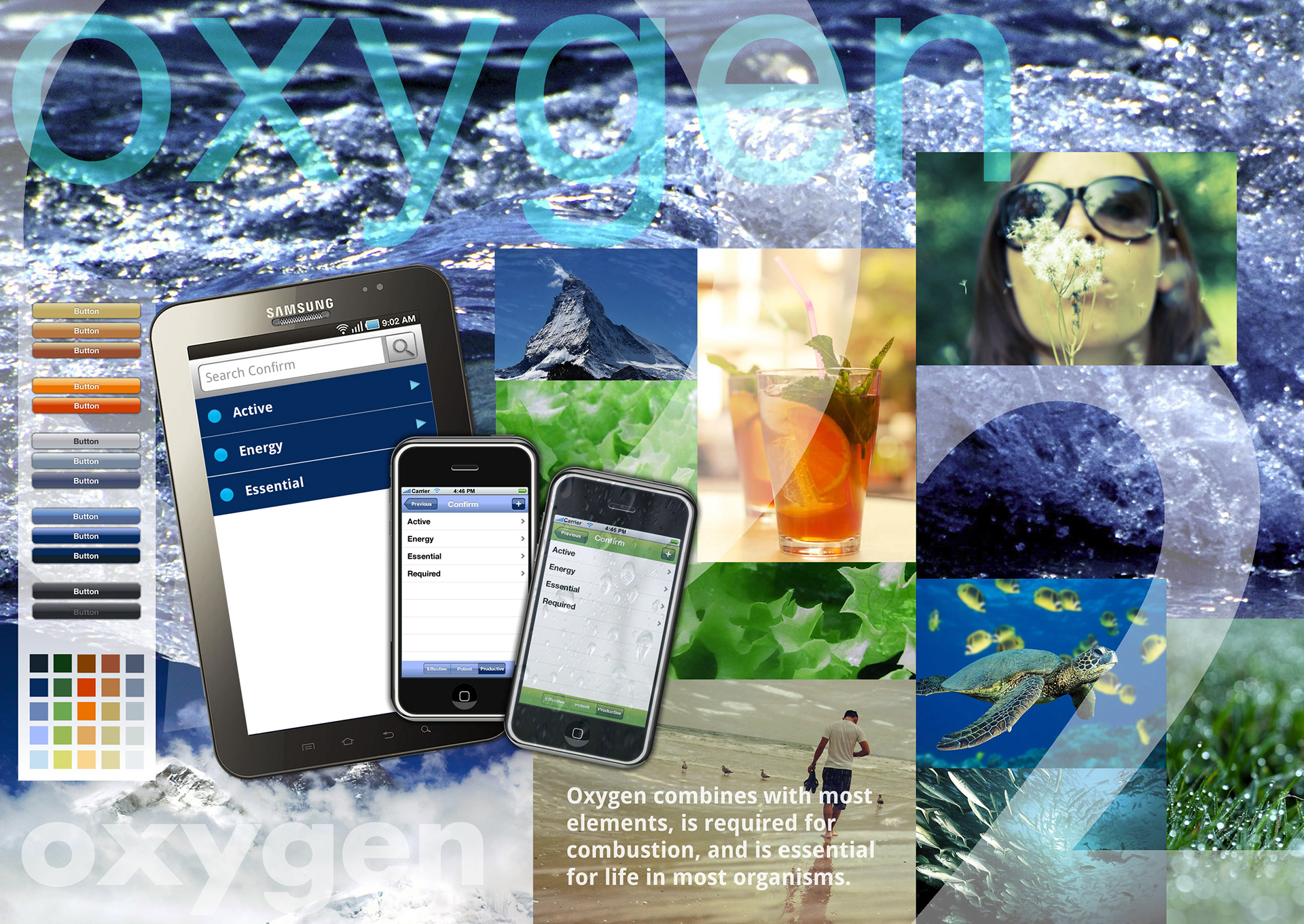A moodboard exploring the "Oxygen" brand attribute for Confirm, featuring water and nature photography (a mountain, sea turtle, dewy leaves), device mockups of the Confirm app on a Samsung tablet and two smartphones showing menu items like Active, Energy and Essential, a blue-and-grey colour palette with button swatches, and the definition text "Oxygen combines with most elements, is required for combustion, and is essential for life in most organisms