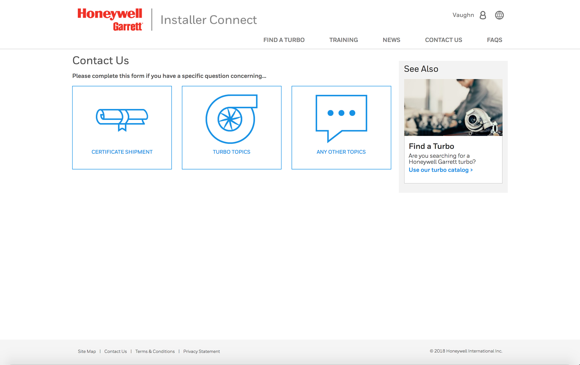 Screenshot of the Honeywell Garrett Installer Connect Contact Us page, showing three topic options to choose from: Certificate Shipment, Turbo Topics, and Any Other Topics