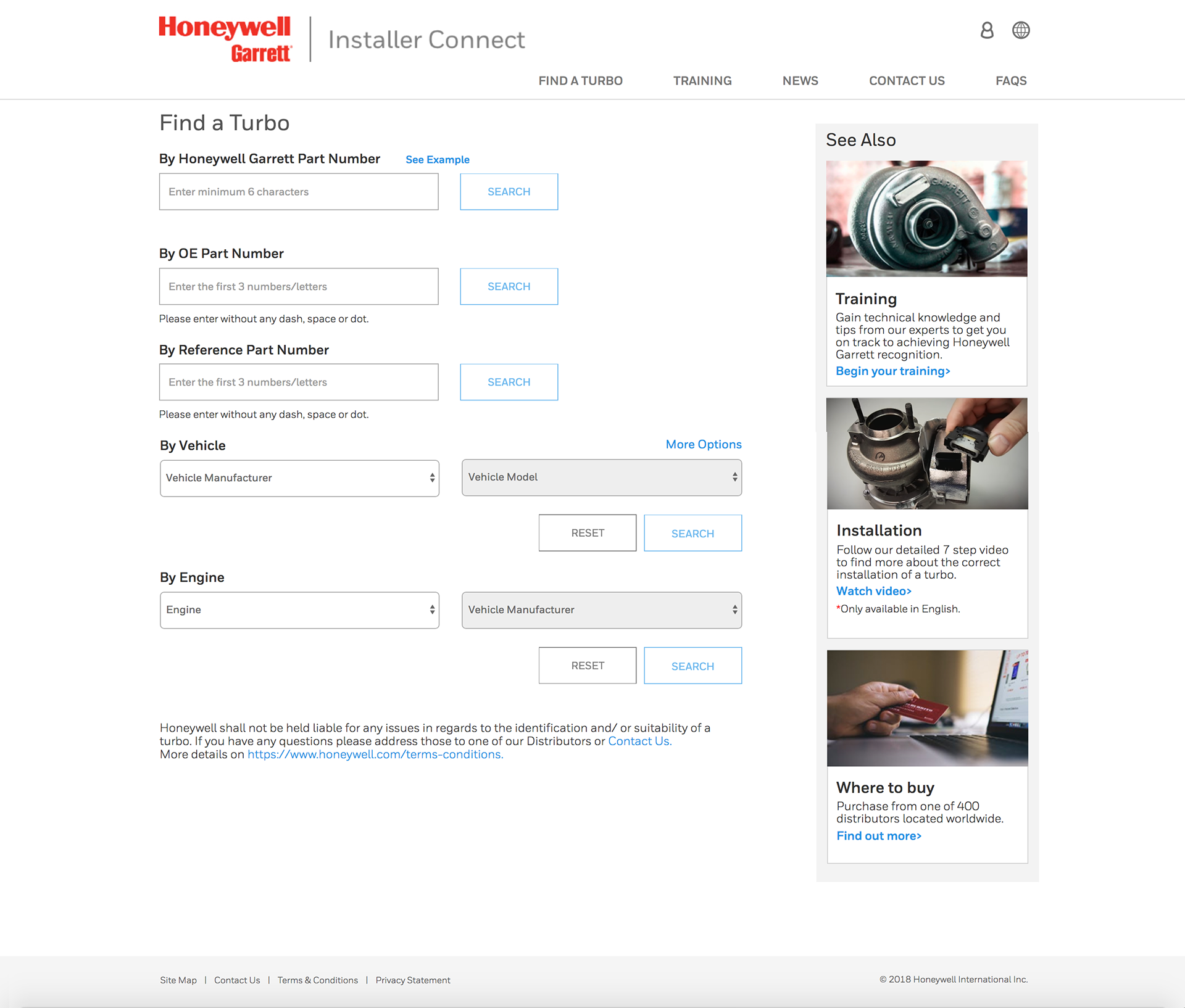 Screenshot of the Honeywell Garrett Installer Connect Find a Turbo page, showing search fields for Honeywell Garrett part number, OE part number, and reference part number, plus dropdown lookups by vehicle and by engine