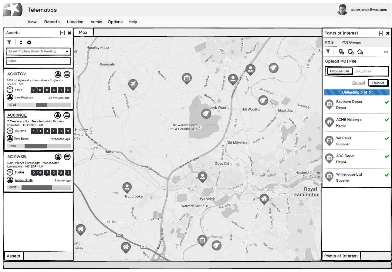 Low-fidelity wireframe of the Telematics app showing a completed upload of poi_3.csv, with five Points of Interest listed — Southern Depot, ACME Holdings, Westend, ABC Depot, and Whitehouse Ltd — each marked with a green checkmark.