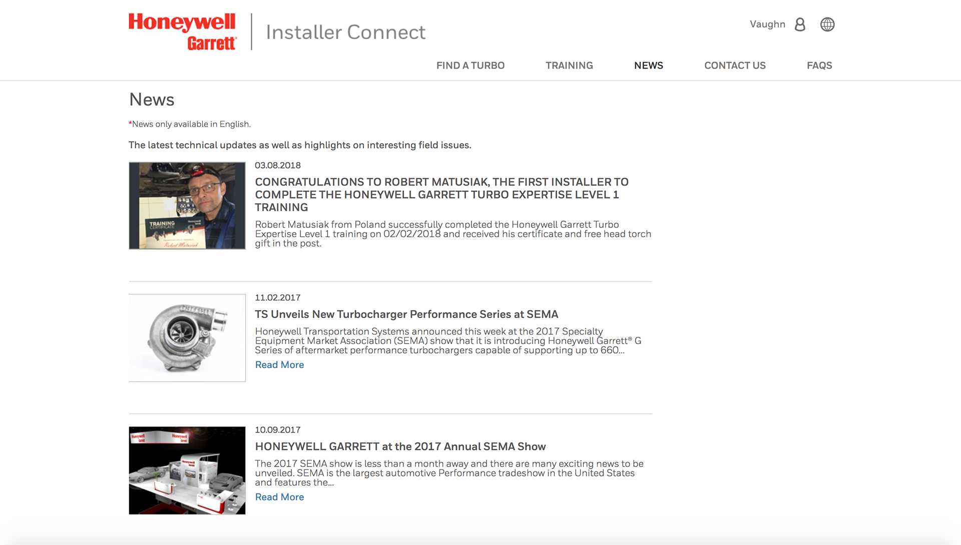 Screenshot of the Honeywell Garrett Installer Connect News page, listing three articles: an installer certification announcement, a new turbocharger performance series at SEMA, and Honeywell Garrett's presence at the 2017 SEMA show