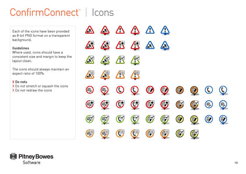 A style guide page titled "ConfirmConnect | Icons," showing two icon families: triangular warning and roadworks signs in red, green and blue variants, and map pin icons combining phone, document and checkmark symbols in red, orange, blue, green and yellow. Guidelines note the icons are supplied as 8-bit PNGs on a transparent background, and list "do not" rules against stretching or redrawing them.