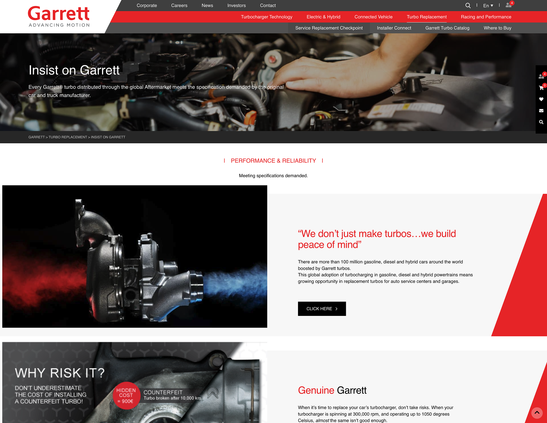 Garrett 'Insist on Garrett' page with a quote on turbo reliability and a counterfeit turbo warning section