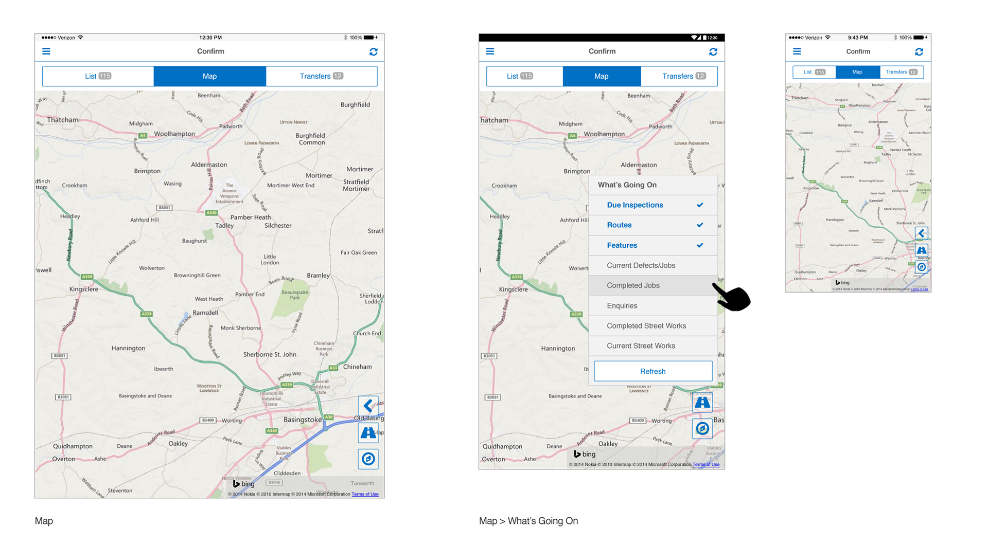 Three device sizes showing the ConfirmConnect map view with a route highlighted in green and blue on a road map, plus a "What's Going On" layer menu with checkable options for Due Inspections, Routes, Features, Current Defects/Jobs, Completed Jobs, Enquiries, Completed Street Works and Current Street Works, and a Refresh button, indicated by a hand-pointer callout on the tablet view